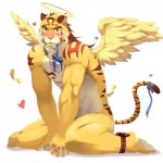 biped blush feathered_wings feathers gift halo heart_symbol male nude ribbons simple_background solo stripes tail white_background wings yellow_body yellow_feathers tkfkd5362 undertaker felid mammal pantherine tiger 1:1 hi_res