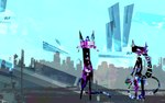 anthro bag blue_sky city cityscape clothed clothed_anthro clothed_male clothing day detailed_background duo eyes_closed female fur male purple_body purple_fur sky surrealism uniform naircat domestic_cat felid feline felis mammal 16:10 2013 digital_drawing_(artwork) digital_media_(artwork) widescreen