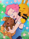 female group gym_leader hair heart_symbol hug male pink_hair short_hair smile trio gangstargab nintendo pokemon maylene_(pokemon) buneary elekid generation_2_pokemon generation_4_pokemon human mammal pokemon_(species) 3:4