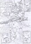 anthro black_and_white border bullet bullet_belt chair clothing comic dasyuromorph destroyed_building destruction dialogue duncan_(kitfox_crimson) english_text eye_patch eyewear fur furniture group gun hair highway holographic_screen kangaroo keith_(kitfox-crimson) kitfox-crimson machine macropod male mammal marsupial mecha melee_weapon monochrome open_mouth outside_border pockets ranged_weapon recently_extinct_species ringo_(kitfox-crimson) screen shirt sketch smoke speech_bubble stolen_generation street_lamp sword text thylacine topwear weapon