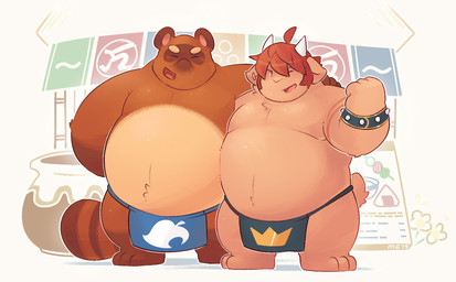 anthro belly brown_body brown_fur duo eyes_closed fur humanoid_hands male overweight overweight_male greenendorf animal_crossing nintendo tom_nook_(animal_crossing) canid canine mammal raccoon_dog tanuki 2015