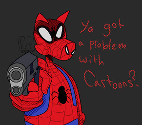 aiming_at_viewer angry anthro asking asking_viewer close-up clothed clothing dialogue floppy_ears grey_background gun headgear humor long_ears looking_at_viewer male mask question question_mark ranged_weapon simple_background solo standing superhero text uniform weapon white_eyes yes-no_question purblebaby marvel spider-ham spider-man:_spider-verse spider-man_(series) spider-ham_(character) domestic_pig mammal suid suine sus_(pig) 2019 english_text