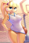 absurd_res anthro ball basketball_(ball) big_breasts bottomless breasts clothed clothing digital_media_(artwork) eyebrows eyelashes female fingers front_view genitals hair hi_res humanoid_genitalia humanoid_pussy innie_pussy lagomorph leporid lola_bunny long_ears looking_at_viewer looney_tunes mammal nipple_outline pussy rabbit solo standing text twistedscarlett60 url warner_brothers