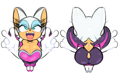 ahegao anthro areola areola_slip armwear bat_wings big_breasts big_butt big_ears black_nose blue_eyeshadow bodysuit boots breasts butt cleavage clothed clothing elbow_gloves eyelashes eyeshadow female footwear front_view fur gesture gloves green_eyes hand_gesture handwear high-angle_view knee_boots knee_highs legwear looking_pleasured makeup membrane_(anatomy) membranous_wings open_mouth open_smile purple_bodysuit purple_clothing purple_skinsuit purple_wings rear_view shoes simple_background skinsuit smile solo tan_body tan_fur thick_thighs tight_clothing v_sign white_background white_body white_boots white_clothing white_footwear white_fur white_gloves white_handwear wide_hips wings cosmicpussycat sega sonic_the_hedgehog_(series) rouge_the_bat bat mammal