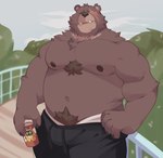 anthro belly beverage body_hair brown_body brown_fur canned_drink chest_hair clothed clothing facial_scar fur happy_trail male missing_eye musclegut muscular navel nipples pecs scar solo topless topless_anthro bweno_v mihoyo zenless_zone_zero ben_bigger bear mammal hi_res