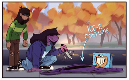 anthro border clothed clothing costume covered_eyes directed_motion_outline duo female freckles fursuit fursuit_head hair knife mascot_costume mascot_suit mask outside purple_body purple_scales scales sidewalk sparkles street text torn_clothing white_border cosmicleafarts deltarune mythology undertale_(series) kris_dreemurr susie_(deltarune) dragon human mammal monster mythological_creature mythological_scalie scalie english_text hi_res