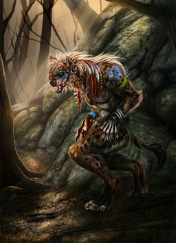 4_toes 5_fingers anthro barefoot biped day detailed_background digitigrade feet fingers forest fur grass male markings outside plant solo spots spotted_body spotted_fur toes tree wolfroad gnoll hyena mammal spotted_hyena 2015 2019 digital_media_(artwork) hi_res