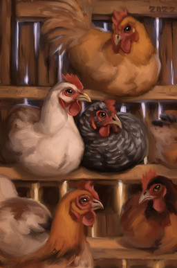 amber_eyes black_body black_feathers brown_eyes brown_head chicken_coop feathers feral flock group markings orange_body orange_feathers red_comb_(anatomy) red_wattle sitting speckled_feathers spots spotted_body spotted_feathers tan_body tan_feathers white_body white_feathers white_spots alexpahomov avian bird chicken galliform phasianid 2022 hi_res