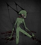 antennae_(anatomy) blood bodily_fluids breasts claws clenched_teeth eyelashes female genitals grey_background grin kneeling piercing pussy sharp_teeth simple_background skinny skylar_(ryn) smile solo teeth darkryn_(artist) invader_zim nickelodeon alien humanoid irken