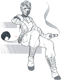 anthro collar female gun hair handgun looking_at_viewer pistol ranged_weapon solo spiked_collar spikes weapon redpixie zeredra_(crocskin123) equid equine mammal zebra greyscale hi_res monochrome