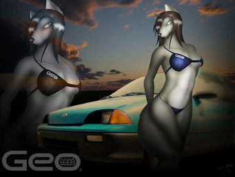anthro bikini bra breasts car clothed clothing cloud duo female panties skimpy sunset swimwear tail tight_clothing two-piece_swimsuit underwear vehicle zoom_layer statik canid canine canis mammal wolf 4:3