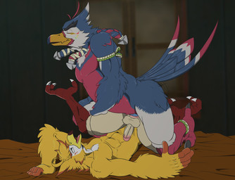 anal anal_penetration anthro anus avian_feet balls beak duo erection eyes_closed feathers feet from_front_position genitals half-closed_eyes holding_leg humanoid_genitalia humanoid_penis lying male male/male male_penetrated male_penetrating male_penetrating_male narrowed_eyes nude on_back open_beak open_mouth penetration penile penile_penetration penis penis_in_ass sex spread_legs spreading tail tail_feathers talons toes kuzuyoshi likangel nintendo the_legend_of_zelda avian bird rito digital_media_(artwork) hi_res