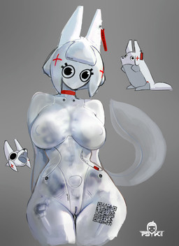 anthro breasts endoskeleton female feral genitals grey_background machine mouthless qr_code round_eyes simple_background small_waist solo tail text text_on_body translucent translucent_body vulva white_body psyk323 fox_bot_(psyk323) animal_humanoid canid canid_humanoid canine canine_humanoid fox_humanoid humanoid mammal mammal_humanoid robot robot_humanoid 2025 hi_res watermark