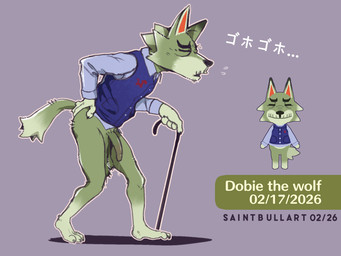 anthro balls bottomless clothed clothing elderly flaccid genitals grey_body male mature_male penis saggy_balls solo walking_stick saintbullart animal_crossing nintendo dobie_(animal_crossing) canid canine canis mammal mexican_wolf wolf hi_res