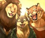 :3 anthro blush clothing group happy kemono laugh male open_mouth smile teeth sky_gomi shirokuma_cafe lion_(shirokuma_cafe) okami_(shirokuma_cafe) tora_(shirokuma_cafe) canid canine canis felid lion mammal pantherine tiger wolf