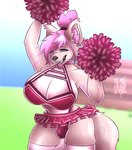 akira_(disambiguation) anthro arts-la-huska big_breasts big_female black_nose bodily_fluids breasts brown_body brown_fur bulge cheerleader cheerleader_outfit cheerleader_pose clothed clothing footwear fur grass grass_field gynomorph hi_res hyena intersex legwear mammal narrowed_eyes pink_body pink_eyes pink_fur plant pom_poms raised_clothing socks solo sweat sweatdrop sweaty_arms sweaty_breasts sweaty_face sweaty_legs sweaty_thighs thigh_highs thigh_socks tongue tongue_out