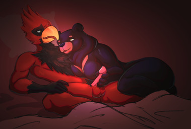 affectionate anthro average_penis balls beak bed bedding blanket breast_squish breasts butt comfortable cuddling duo eye_contact feathers female fluffy fluffy_chest fur furniture genitals half-closed_eyes handjob looking_at_another lying male male/female narrowed_eyes nude nude_female nude_male open_mouth penile penis red_body red_feathers relaxed_expression relaxing sex simple_background slightly_chubby slightly_chubby_female smile spread_legs spreading squish mesmeristmina mina_(mesmeristmina) rory_(mesmeristmina) avian bear bird cardinal_(bird) mammal oscine passerine sun_bear ursine digital_media_(artwork)