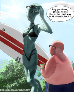 3_fingers bikini black_sclera blue_body clothed clothing dessert dialogue duo eye_contact eyewear female fingers food holding_food holding_ice_cream_cone holding_object holding_surfboard ice_cream ice_cream_cone larger_female light looking_at_another male navel open_mouth open_smile overweight overweight_male sharp_teeth size_difference skin_pattern slim_female smile speech_bubble sunglasses sunlight suntan surfboard swimming_trunks swimwear tan_line teal_eyes teeth text topless topless_human topless_male two-piece_swimsuit nsfy_(artist) disney lilo_and_stitch grand_councilwoman ice_cream_man_(lilo_and_stitch) alien alien_humanoid human humanoid mammal 2025 4:5 digital_drawing_(artwork) digital_media_(artwork) english_text hi_res url watermark