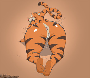 all_fours andromorph anthro anus aroused big_butt brown_background butt butt_focus dripping_vulva genitals intersex looking_at_viewer looking_back looking_back_at_viewer paws plushie presenting presenting_hindquarters presenting_vulva rear_view simple_background solo tail vulva pascal_(artist) disney winnie_the_pooh_(franchise) tigger animate_inanimate felid living_plushie mammal pantherine tiger hi_res