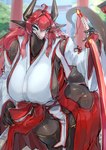 anthro big_breasts breasts clothed clothing female fingers hair holding_object horn huge_breasts katana looking_at_viewer melee_weapon nipple_outline smile solo sword tail weapon tetto mythology dragon mythological_creature mythological_scalie scalie hi_res