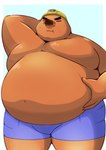 anthro armor belly big_belly biped bottomwear brown_body clothing eyes_closed headgear helmet humanoid_hands kemono male moobs obese obese_male overweight overweight_male shorts simple_background solo marumu_5656 animal_crossing nintendo mr._resetti eulipotyphlan mammal mole_(animal) 2024 hi_res