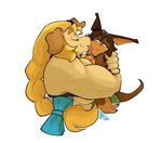 anthro blonde_hair breast_squish breasts brown_body brown_fur brown_hair duo face_lick female female/female fur hair hug licking muscular muscular_anthro muscular_arms muscular_female simple_background squish tan_body tan_fur tongue white_background gogomrdodo dog_knight_rpg jeane_(ceehaz) rory_(ceehaz) bird_dog canid canine canis dobermann domestic_dog golden_retriever hunting_dog mammal pinscher retriever 2024 signature