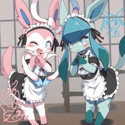 4_toes ambiguous_anthro ambiguous_gender anthro biped blush clothed clothed_anthro clothing duo feet frilly frilly_clothing fur gesture hand_gesture kemono looking_at_viewer maid_headdress maid_uniform one_eye_closed open_mouth pawpads paws semi-anthro standing tail text toes uniform wink koorinezumi nintendo pokemon eeveelution generation_4_pokemon generation_6_pokemon glaceon pokemon_(species) sylveon 1:1 2026 digital_media_(artwork) hi_res japanese_text translation_check translation_request