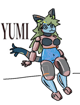 breasts female green_hair hair living_tail machine slightly_chubby solo tail transparent_belly unusual_anatomy unusual_tail felinegirl yumi_(felinegirl) felid feline mammal robot hi_res