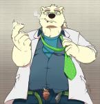 anthro belly bottomwear bulge clothing eyewear fur glasses humanoid_hands male necktie overweight overweight_anthro overweight_male pants shirt smoking solo topwear underwear white_body white_fur henjikotetsu lifewonders tokyo_afterschool_summoners leib_(tas) bear mammal polar_bear ursine 2018 hi_res