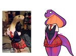anthro bottomwear clothed clothing female feral fingers group necktie purple_body purple_tail real skirt snake_hood spots standing tail ncs keeshee human mammal reptile scalie snake 2020 hi_res