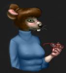 anthro blue_clothing blue_sweater blue_topwear blush breasts brown_hair buckteeth clothed clothing embarrassed eyewear female glasses green_eyes hair looking_at_viewer multi_breast nipple_outline solo sweater teeth topwear whiskers genrat teenage_mutant_ninja_turtles irma_langinstein mammal murid murine rat rodent werecreature wererat wererodent