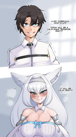 big_breasts blush bodily_fluids breasts clothed clothing dialogue duo female hair long_hair male sweat sweatdrop text white_hair saltyxodium fate_(series) type-moon dobrynya_nikitich_(fate) animal_humanoid felid felid_humanoid feline feline_humanoid human humanoid mammal mammal_humanoid english_text hi_res