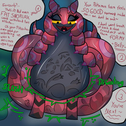 abdominal_bulge ambiguous_gender belly belly_on_ground big_belly big_butt black_belly black_body black_eyes bloated butt digestion female feral feral_pred front_view horn huge_belly huge_hips huge_thighs looking_at_viewer multi_horn narrowed_eyes night soft_vore solo text thick_thighs vore wide_hips zlogi nintendo pokemon generation_5_pokemon pokemon_(species) scolipede 1:1 absurd_res english_text hi_res