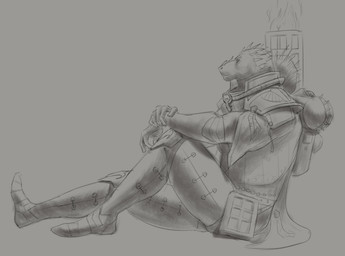 anthro armor backpack book clothed clothing head_spikes male male_anthro mouth_closed side_view simple_background sitting solo spikes spikes_(anatomy) aduran scalie absurd_res hi_res monochrome shaded sketch