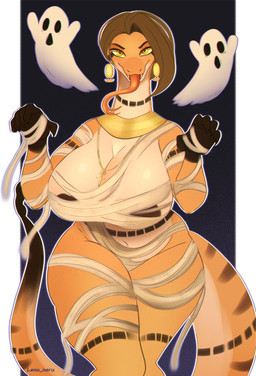 ankh ankh_necklace anthro areola areola_slip big_breasts breasts brown_hair curvy_figure ear_piercing female forked_tongue hair huge_breasts jewelry long_neck long_tail mummy_costume mummy_wrappings navel necklace nipples non-mammal_breasts non-mammal_navel non-mammal_nipples piercing pupils slightly_chubby slightly_chubby_anthro slightly_chubby_female slit_pupils solo tail thick_thighs tongue tongue_out wide_hips yellow_eyes lenu_neru ghost reptile scalie snake spirit hi_res
