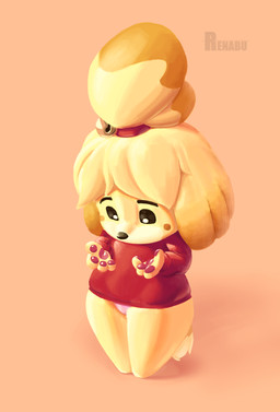 anthro barely_visible_underwear belly bottomless chibi clothed clothing female fur panties panty_peek partially_visible_underwear pawpads paws shortstack shortstack_female simple_background standing sweater sweater_only thick_thighs topwear topwear_only underwear wide_hips yellow_body yellow_fur renabu animal_crossing nintendo isabelle_(animal_crossing) canid canine canis domestic_dog mammal shih_tzu toy_dog hi_res