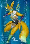 anthro armor binary_code black_sclera breasts claws female fur headgear helmet looking_at_viewer simple_background solo stylized_background white_body white_fur yellow_body yellow_fur shin_kerron bandai_namco digimon fan_character gwendolyn_(shin_kerron) canid canine digimon_(species) digital_creature mammal renamon absurd_res digital_media_(artwork) hi_res