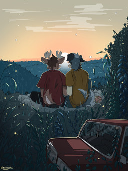 anthro biped blue_body blue_fur car duo fur male red_body red_fur romantic romantic_couple sitting_on_grass slim_anthro slim_male sunset tail tail_motion tailwag vehicle mintcashew canid canine canis deer domestic_dog mammal 2024 3:4 absurd_res hi_res