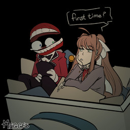 artificial_intelligence bangs black_background blue_eyes bodily_fluids bored bow_tie brown_hair cane clothing crying duo female green_eyes hair hand_on_face hat headgear headwear heterochromia holding_clothing holding_hat holding_headgear holding_headwear holding_object long_hair male paper ponytail recycling_bin red_body red_skin ringmaster ringmaster_outfit school_uniform simple_background sitting tears teeth top_hat uniform white_body white_sclera white_skin mugges doki_doki_literature_club! glitch_productions team_salvato the_amazing_digital_circus caine_(tadc) monika_(doki_doki_literature_club!) digital_creature human humanoid mammal tooth_creature 1:1 2026 colored digital_drawing_(artwork) digital_media_(artwork) hi_res