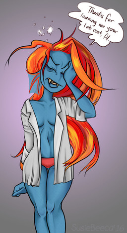 breasts cleavage clothed clothing coat dialogue fangs female hair hungover lab_coat non-mammal_breasts orange_hair panties solo teeth text topwear underwear susiebeeca undertale undertale_(series) undyne aquatic fish 2016 english_text hi_res