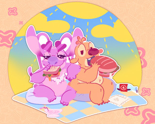 3_toes 4_fingers ambiguous_gender antennae_(anatomy) antennae_markings anthro beach_blanket beverage bottle buckteeth chest_markings container dipstick_antennae duo ear_markings eating eyelashes feet female fingers food fur heart_sunglasses holding_food holding_object holding_sandwich long_antennae male markings multicolored_antennae pillow pink_body pink_fur purple_nose red_nose sandwich_(food) sitting small_tail smile soda sub_sandwich tail teeth toes white_markings yellow_body yellow_fur goatpaste disney lilo_and_stitch angel_(lilo_and_stitch) reuben_(lilo_and_stitch) alien experiment_(lilo_and_stitch) digital_media_(artwork) hi_res