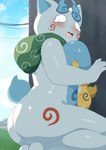 anthro big_breasts big_butt blue_body blue_countershading blue_fur blush breast_grab breasts butt countershading female fur hand_on_breast markings nude red_markings size_difference white_body umisag85rabb99 asian_mythology east_asian_mythology japanese_mythology level-5 mythology yo-kai_watch komasan foo_dog komainu mammal yokai