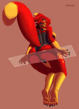 4_fingers 4_toes against_surface anthro ass_on_glass barefoot butt claws clothing corset feet female fingers fur glass lingerie on_glass on_surface pawpads paws plantigrade raised_tail red_body red_fur sitting soles solo tail tattoo toe_claws toes topwear underwear yellow_nose yellow_pawpads renabu bandai_namco digimon ryva_hellfyre canid cyvian digimon_(species) mammal renamon absurd_res hi_res