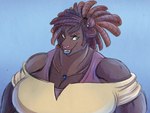 2023 anthro big_breasts blue_background blue_eyes blue_lips breasts brown_body brown_breasts brown_eyebrows brown_fur brown_hair bust_portrait cleavage cleric clothed clothing colored digital_drawing_(artwork) digital_media_(artwork) dreadlocks ear_piercing eyebrow_piercing eyebrows eyelashes facial_piercing felid female female_anthro fur furrowed_brow gem hair jewelry light lighting lips long_hair mammal muscular muscular_anthro muscular_female necklace open_mouth open_smile pantherine piercing pink_nose ponytail portrait purple_clothing purple_shirt purple_topwear sapphire_(gem) shaded shirt simple_background smile solo thick_bottom_lip topwear vashti_(volkenfox) volkenfox yellow_clothing yellow_shirt yellow_topwear