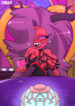 2_horns alcohol barbell_piercing beverage big_breasts black_clothing black_gloves black_handwear blush blush_lines bodily_fluids breast_squish breasts clothing container cup date_pov dress drinking_glass drooling eyelashes female glass glass_container glass_cup glistening glistening_body glistening_breasts glistening_skin gloves hair hair_over_eye handwear heart_eyes heart_symbol holding_breast horn licking licking_lips long_hair looking_at_viewer lustful_gaze mature_female mature_humanoid nipple_barbell nipple_piercing nipples not_furry open_mouth open_smile piercing pink_eyes pink_sclera purple_hair red_body red_skin saliva sharp_teeth smile solo squish teeth text tongue tongue_out wine wine_glass h1draw hellaverse helluva_boss martha_(helluva_boss) demon demon_humanoid horned_humanoid humanoid 2026 absurd_res artist_name digital_drawing_(artwork) digital_media_(artwork) hi_res watermark