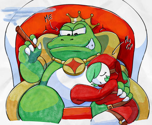 4_fingers anthro belt black_eyes black_text brown_belt chair cigar cigar_smoke cloak clothing countershade_torso countershading crown directional_arrow duo expressive_mask eyes_closed female female_humanoid fingers furniture garter_straps green_body green_hair green_skin grin hair half-closed_eyes hand_on_another's_back hand_on_back headgear holding_cigar holding_object hooded_robe jewelry larger_anthro larger_male legwear male mask narrowed_eyes necklace on_chair pupils red_clothing red_robe robe sitting sitting_on_chair sitting_on_throne size_difference sleeping smaller_female smaller_humanoid smile smoke stockings text throne wearing_mask white_body white_clothing white_countershading white_garter_straps white_legwear white_mask white_pupils white_sclera white_stockings genocityzone mario_bros nintendo wart_(mario) amphibian frog humanoid shyguy 2026 digital_media_(artwork) hi_res