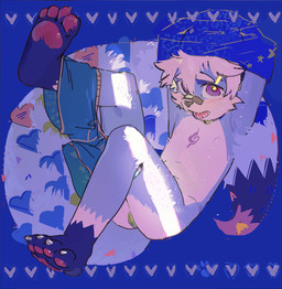 4_toes abstract_background anthro areola arms_above_head band-aid band-aid_on_face band-aid_on_nose bandage bandage_on_face bandage_on_nose barefoot bell bell_collar bent_legs big_tail biped blue_background blue_body blue_bottomwear blue_clothing blue_fur blue_markings blue_shirt blue_shorts blue_tail blue_topwear blush blush_lines blushing_at_viewer bottomwear bottomwear_around_one_leg bottomwear_down butt cheek_tuft chest_markings claws clothed clothed_anthro clothed_male clothing clothing_around_one_leg collar countershade_butt countershade_face countershade_fur countershade_legs countershade_torso countershading dark_markings dipstick_tail embarrassed exclamation_point eyebrows facial_tuft feet fur fur_markings fur_tuft grey_claws grey_collar grey_nose hair heart_symbol hindpaw iris kemono leg_markings light light_body light_fur long_tail looking_at_viewer male male_anthro markings monotone_hair mostly_nude mostly_nude_anthro mostly_nude_male multicolored_body multicolored_fur open_mouth partially_clothed partially_clothed_anthro partially_clothed_male pattern_background pawpads paws plantigrade plantigrade_pawpads pose pupils purple_eyes purple_markings purple_pawpads purple_tail_tip raised_arms raised_clothing raised_leg raised_shirt raised_topwear red_blush shirt short_hair short_snout shorts shorts_around_one_leg shorts_down shota simple_background slim slim_anthro slim_male snout socks_(marking) solo tail tail_markings teeth three-quarter_view toe_claws toes topwear tuft white_areola white_body white_countershading white_eyebrows white_hair white_markings white_sclera white_tuft yellow_pupils young young_anthro young_male a5_(artist) canid canine mammal 2025 blue_theme digital_media_(artwork) full-length_portrait hi_res pinup portrait