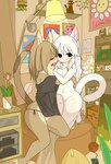 anthro arm_over_breasts black_clothing black_shirt black_topwear blush breasts cat_tail clothed clothed/nude clothing covering covering_breasts detailed_background duo embarrassed embarrassed_female eyes_closed female fur furniture furniture_lamp hair hug hugging_another inside kissing_cheek looking_at_another nude nude_female on_furniture plant_pot poster romantic shirt string_panties tan_body tan_fur topwear white_body white_fur doremifaso64 microsoft minecraft mojang xbox_game_studios domestic_cat felid feline felis mammal 2025 colored digital_drawing_(artwork) digital_media_(artwork) hi_res shaded