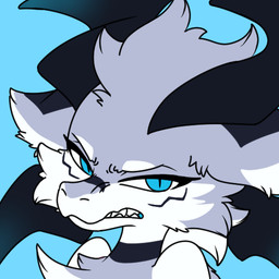 4_horns angry bared_teeth black_body black_fur blue_background blue_eyes cheek_tuft chest_tuft facial_tuft fangs feral fur grey_body grey_fur head_tuft horn looking_at_viewer male multi_horn simple_background solo suspicious teeth tuft white_body white_fur unknown_artist mythology dragon mythological_creature mythological_scalie scalie 1:1 2022 bust_portrait icon low_res portrait