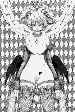 anthro big_breasts bodily_fluids bottomless breasts chain cleavage clothed clothing crown female hair headgear heart_symbol horn legwear looking_at_viewer navel pattern_background pubes royalty short_hair simple_background smile smirk sweat tattoo thigh_highs wide_hips wings fuzisawa baphomet_(deity) bovid caprine caprine_demon deity demon goat goat_demon mammal 2:3 hi_res monochrome